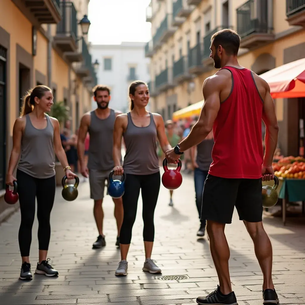 Hombre realizando un movimiento dinámico con kettlebell en una clase grupal.