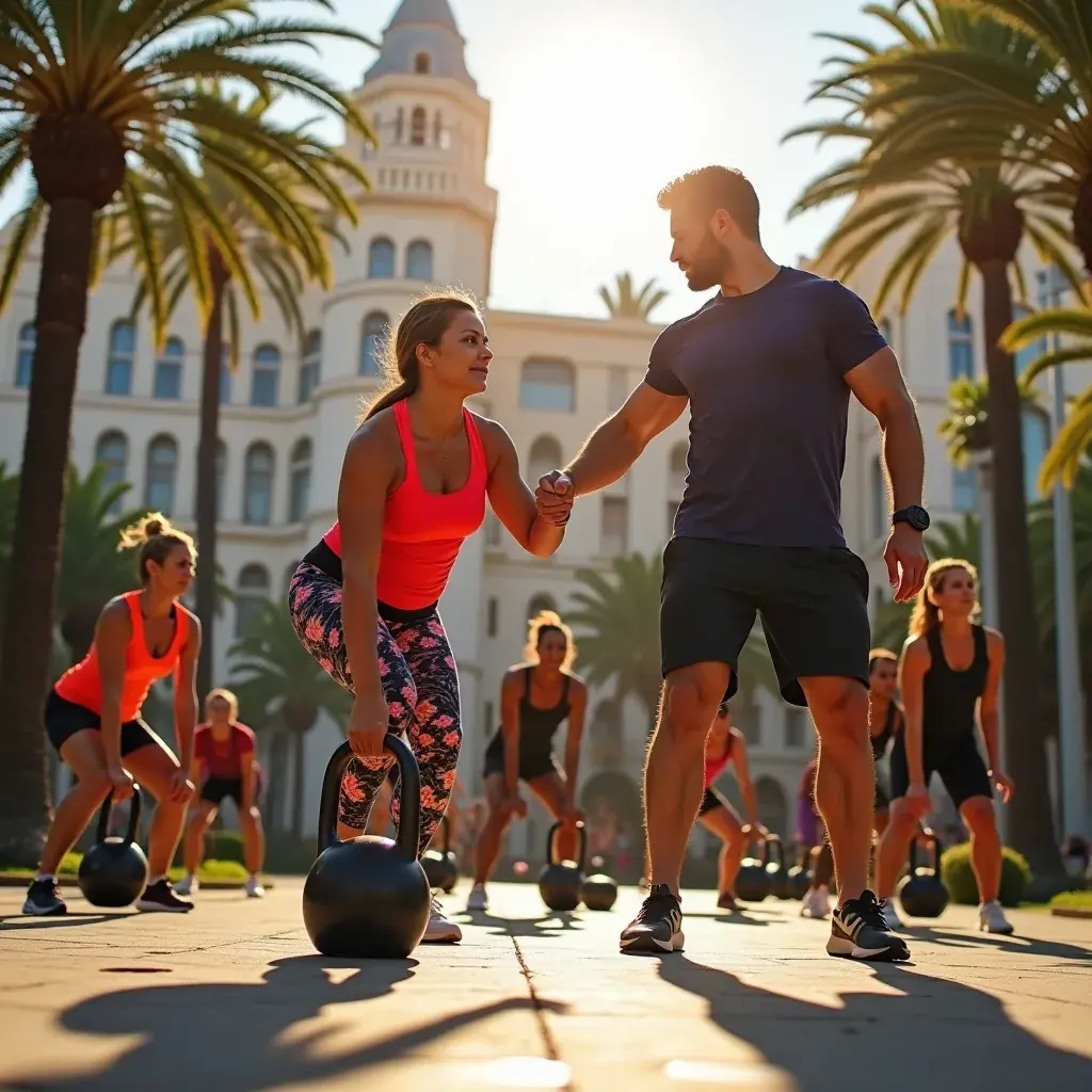 Grupo de personas realizando una sesión de entrenamiento con kettlebells al aire libre.