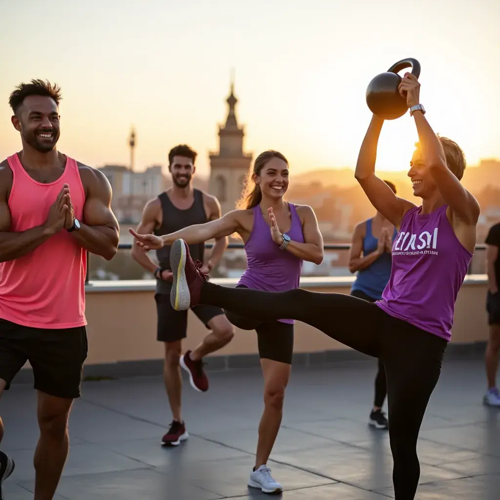 Entrenador demostrando un ejercicio de kettlebell en un gimnasio moderno.